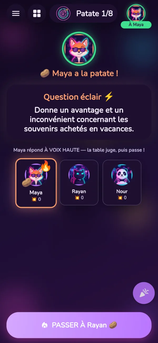 Une manche de Hot Timer : Maya a la patate et doit répondre avant l'explosion