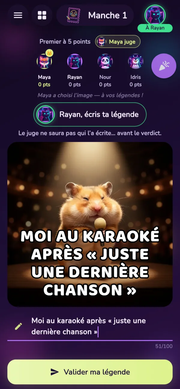 Une partie de Mème pas drôle en cours dans Pliko Night