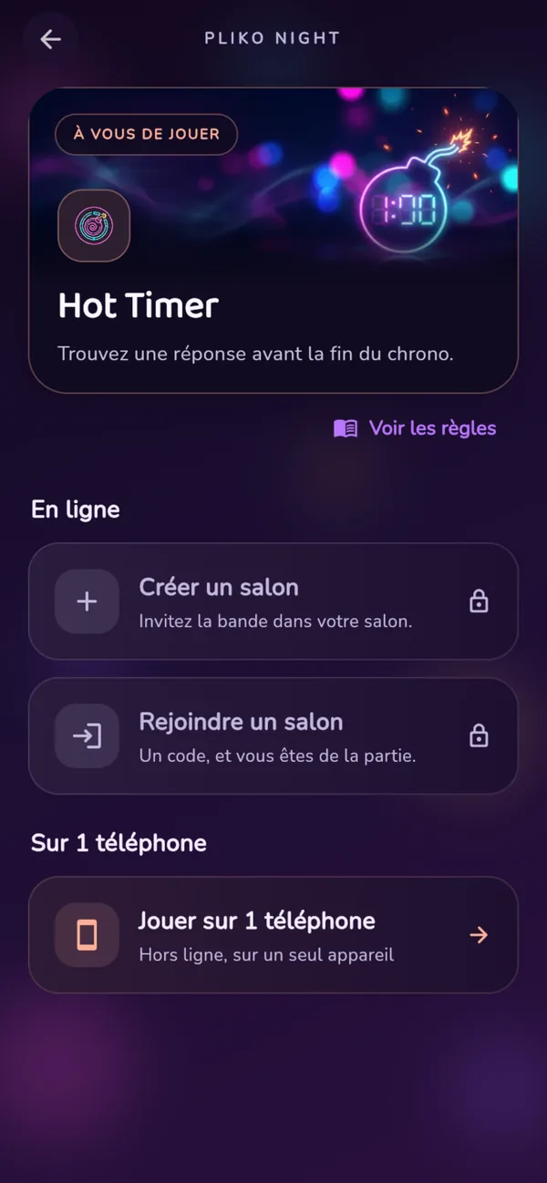 Écran de lancement de Hot Timer dans Pliko Night : salon en ligne ou partie sur 1 téléphone