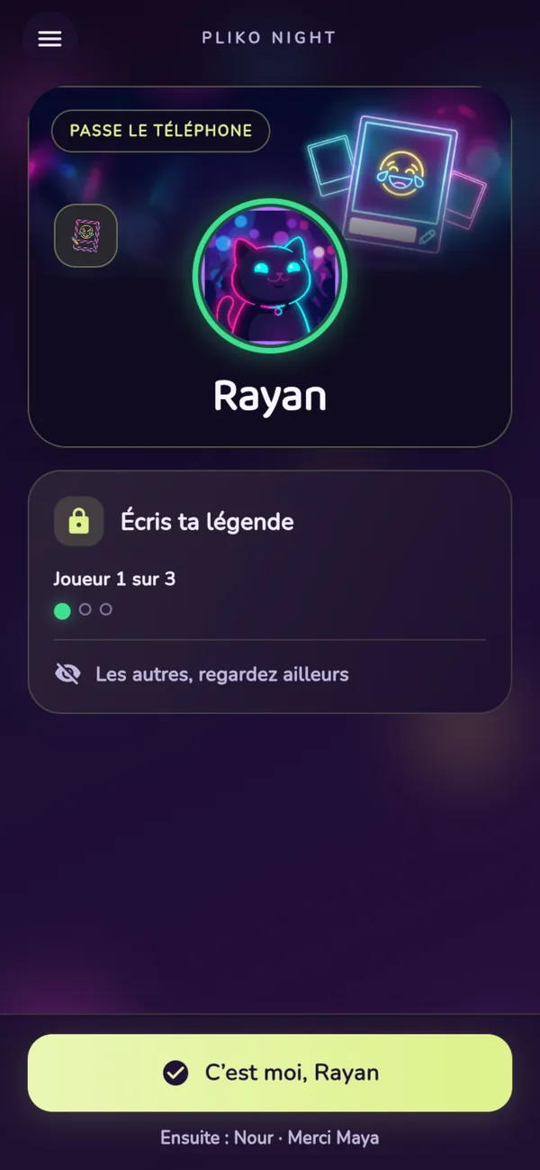 Écran « Passe le téléphone » : chaque joueur écrit sa légende en secret