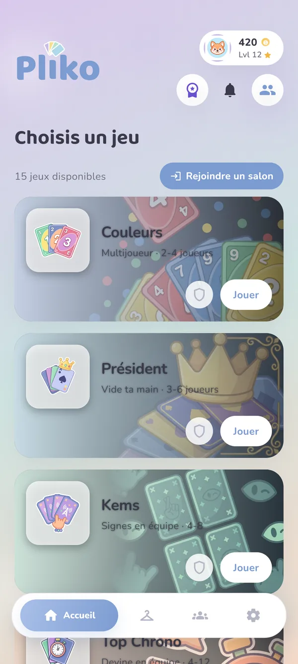 Écran d'accueil de Pliko : 15 jeux disponibles