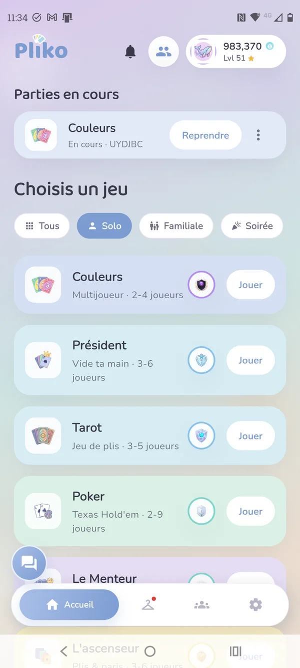 Écran d'accueil de Pliko — choisis un jeu