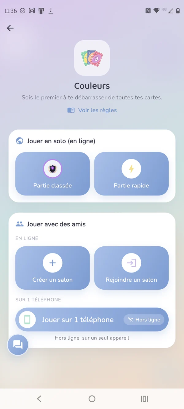 Écran des modes de jeu : classé, rapide, salon, hors ligne
