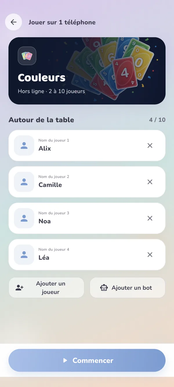 Partie hors ligne sur un seul téléphone : les joueurs s'ajoutent autour de la table