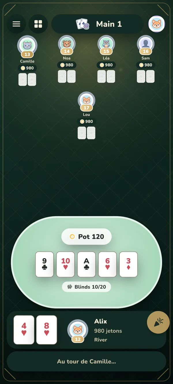 Une partie de Poker Texas Hold'em en cours dans Pliko