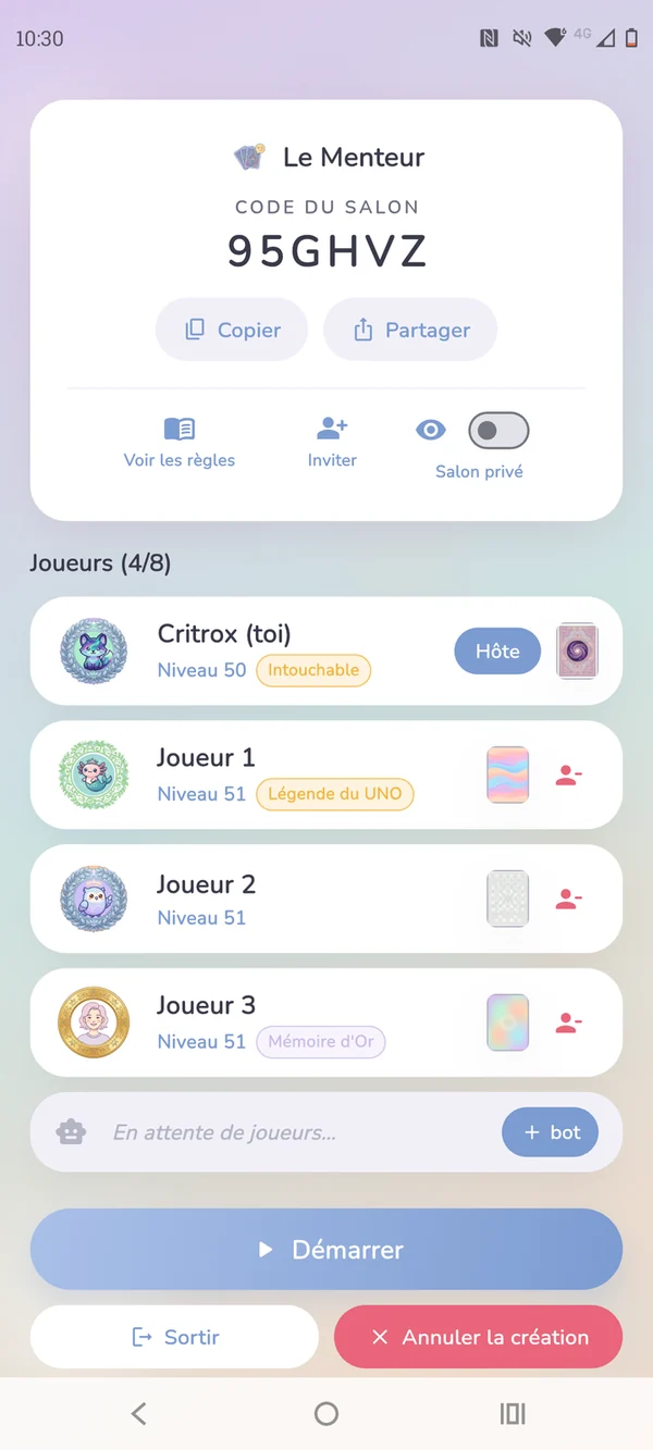 Salon d'attente avec le code de partage