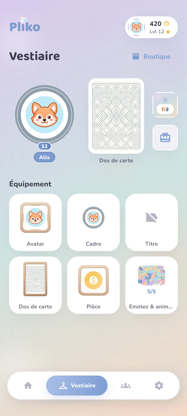 Vestiaire de Pliko : avatar, cadre, titre, dos de carte et emotes à personnaliser